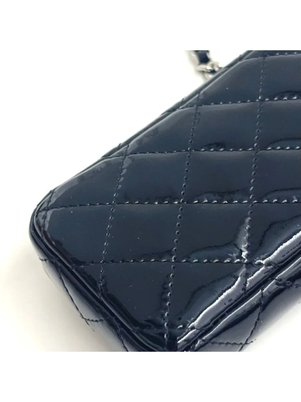 Chanel Quilted CC Logo Enamel Leather Black Pouch Silver